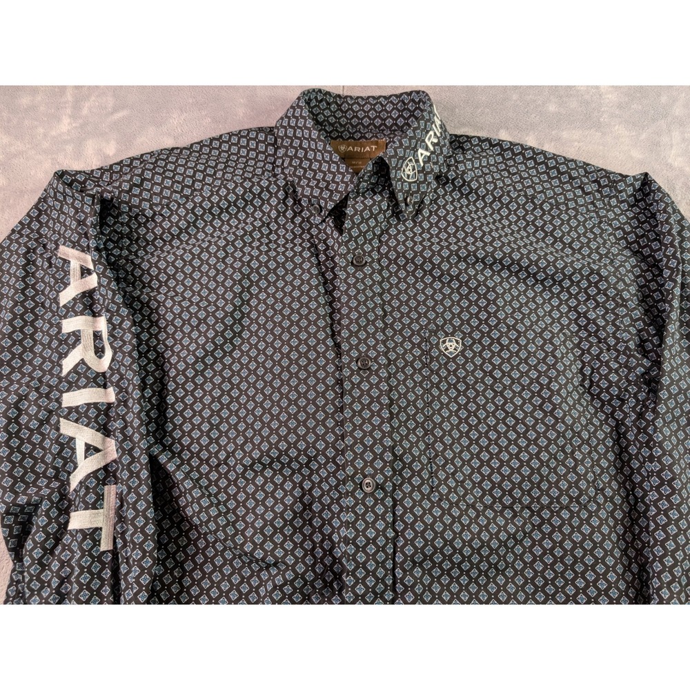Ariat Team Logo Geometric AOP Shirt Rodeo Western Black Cowboy Men's M